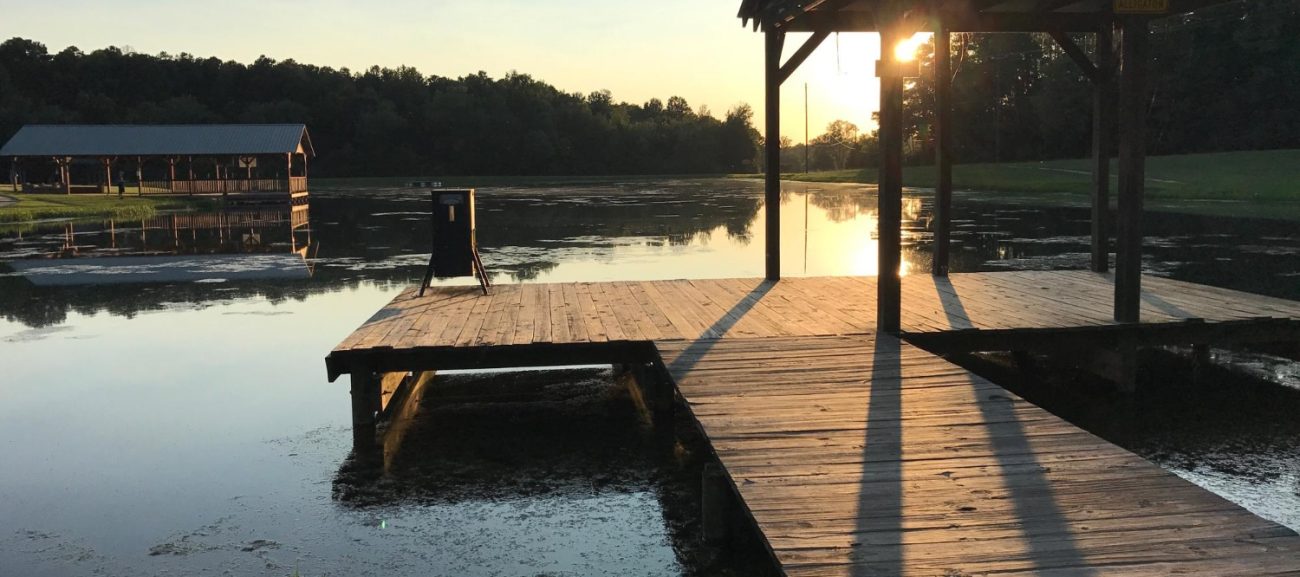 Organized cottage dock with storage bench overlooking Lake of the Woods at sunrise Organized cottage dock with storage bench overlooking Lake of the Woods at sunrise